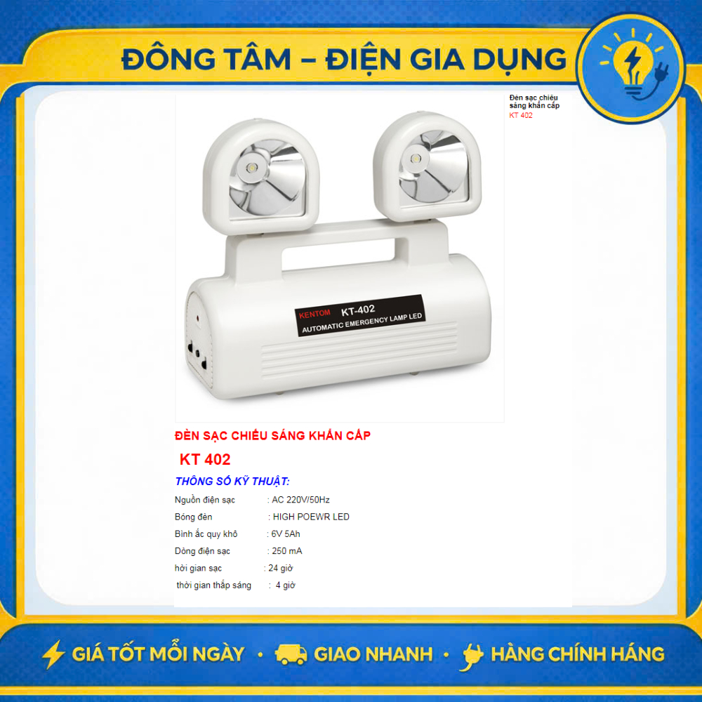 [HỎA TỐC HCM]Đèn Sạc Khẩn Cấp Kentom KT402 LED - Sáng Trắng (Đèn Sự Cố Kentom) (Đèn Sạc Kentom) (Đèn