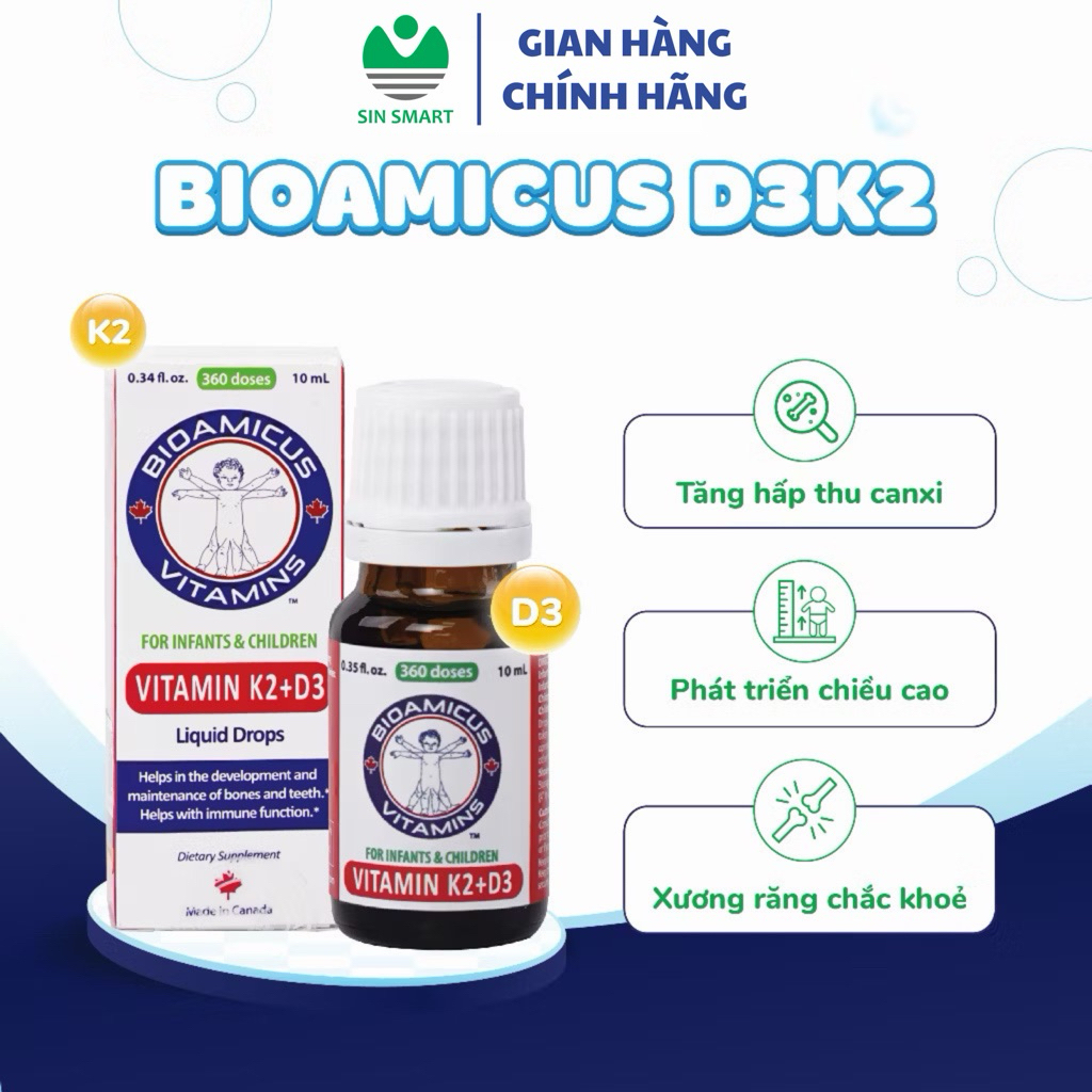 Vitamin D3K2 MK7 10ml BioAmicus K2D3 MK7 giúp ngăn ngừa còi xương ở trẻ, răng bé 𝐃𝟑 𝐊𝟐 SIN SMART
