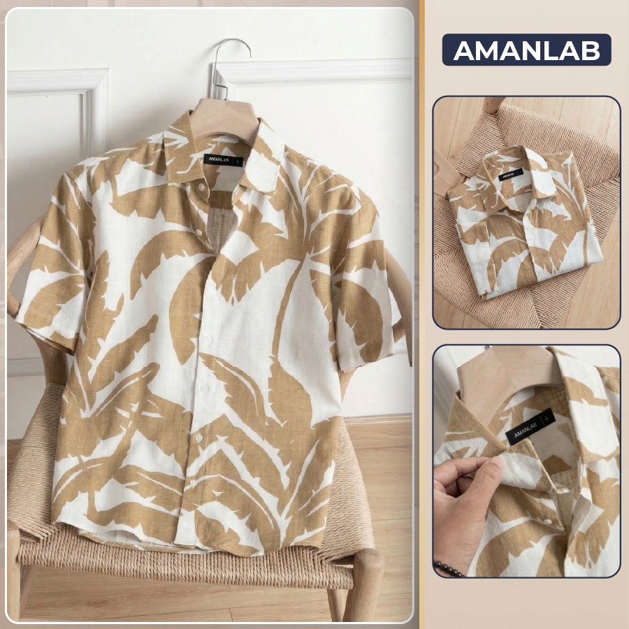 [DEAL MỞ BÁN] Áo sơ mi ngắn tay,Vải Linen họa tiết 2 lớp chống nhăn, form regular LINEN LEAF AMANLAB