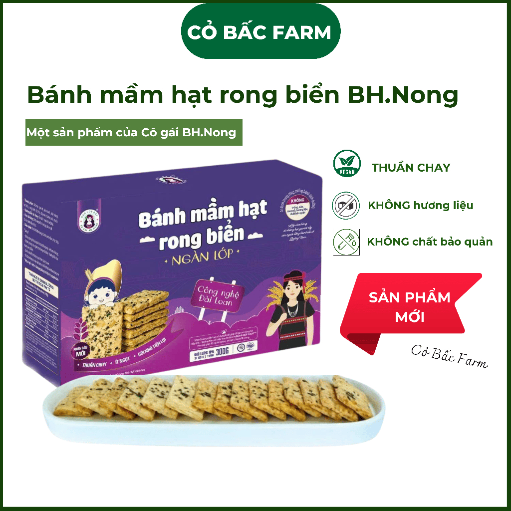 Bánh mầm hạt rong biển BH.Nong thuần chay, ít ngọt hộp 300G 20 chiếc – Cô gái BH.Nong – CỎ BẤC FARM