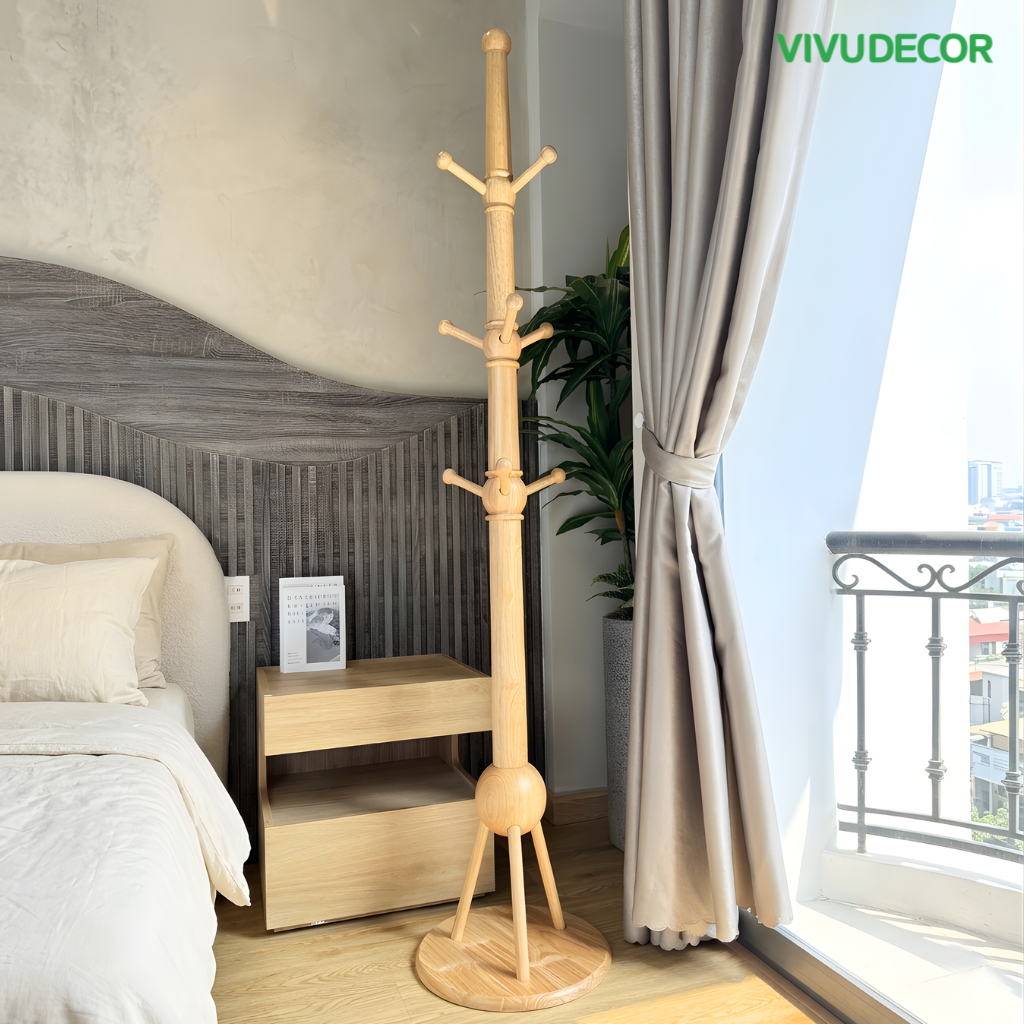 [Gỗ Cao Su Tự Nhiên] Cây Treo Quần Áo ViVuDecor Gỗ Tự Nhiên - Cây Treo Loại 8 Nhánh