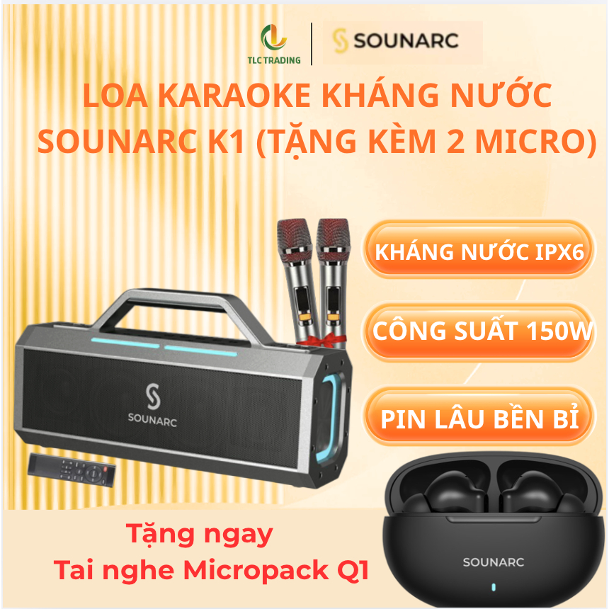 Loa Karaoke Bluetooth SOUNARC K1 + 2 Micro Không Dây, Loa di động Chống Nước IPX6 - Hàng chính hãng