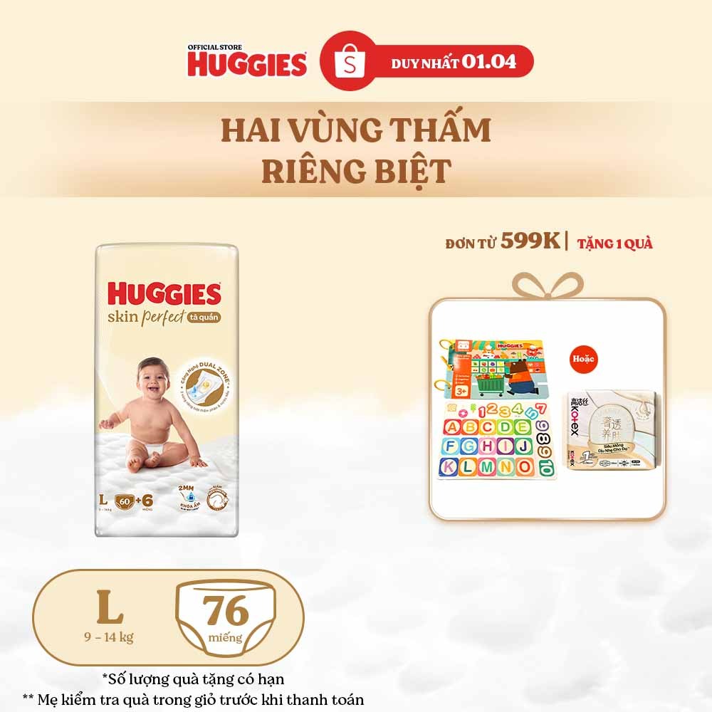 Tã quần Huggies Skin Perfect Super Jumbo M70+2/ L60+2/ XL52+6/ XXL48+6 với 2 vùng thấm giảm kích ứng