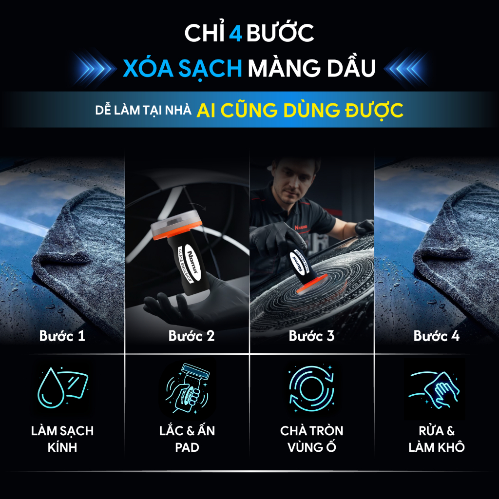 Dung Dịch Tẩy Ố Kính Ô Tô NOMA 911 – Loại Bỏ Màng Dầu, Sạch Bụi Bẩn, Kính Trong Suốt, Kèm Pad Chà 10