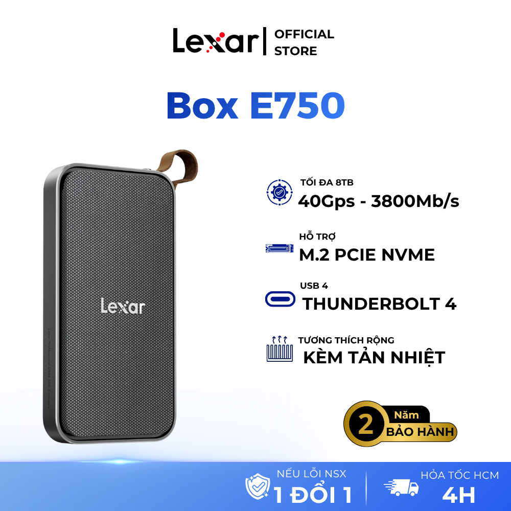 Box SSD Lexar E750 hỗ trợ USB 4 M.2 Nvme Enclosure, Tốc độ 3800Mb/s, Bảo hành chính hãng 24 tháng
