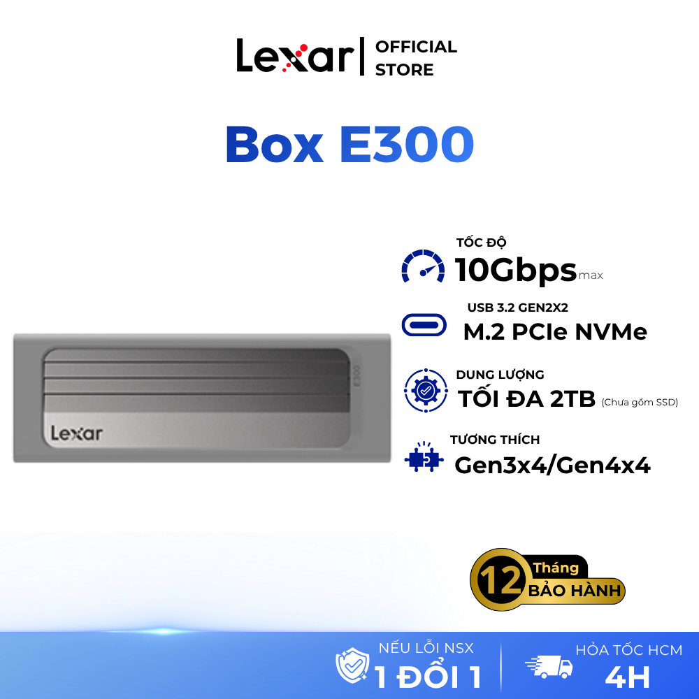 Box SSD Lexar E300 M.2 Nvme Enclosure hỗ trợ USB 3.2 Gen 2, Tốc độ cao 10Gbps, Bảo hành chính hãng 1