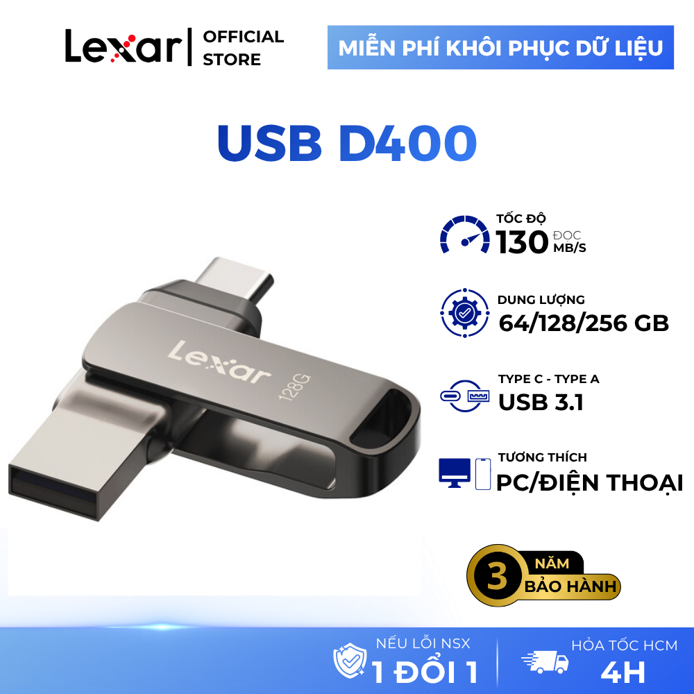 USB 3.1 32GB/ 64GB/ 128GB/ 256GB Lexar Dual Drive D400 Type-C/ Type-A, tốc độ 130Mb/s, tương thích P