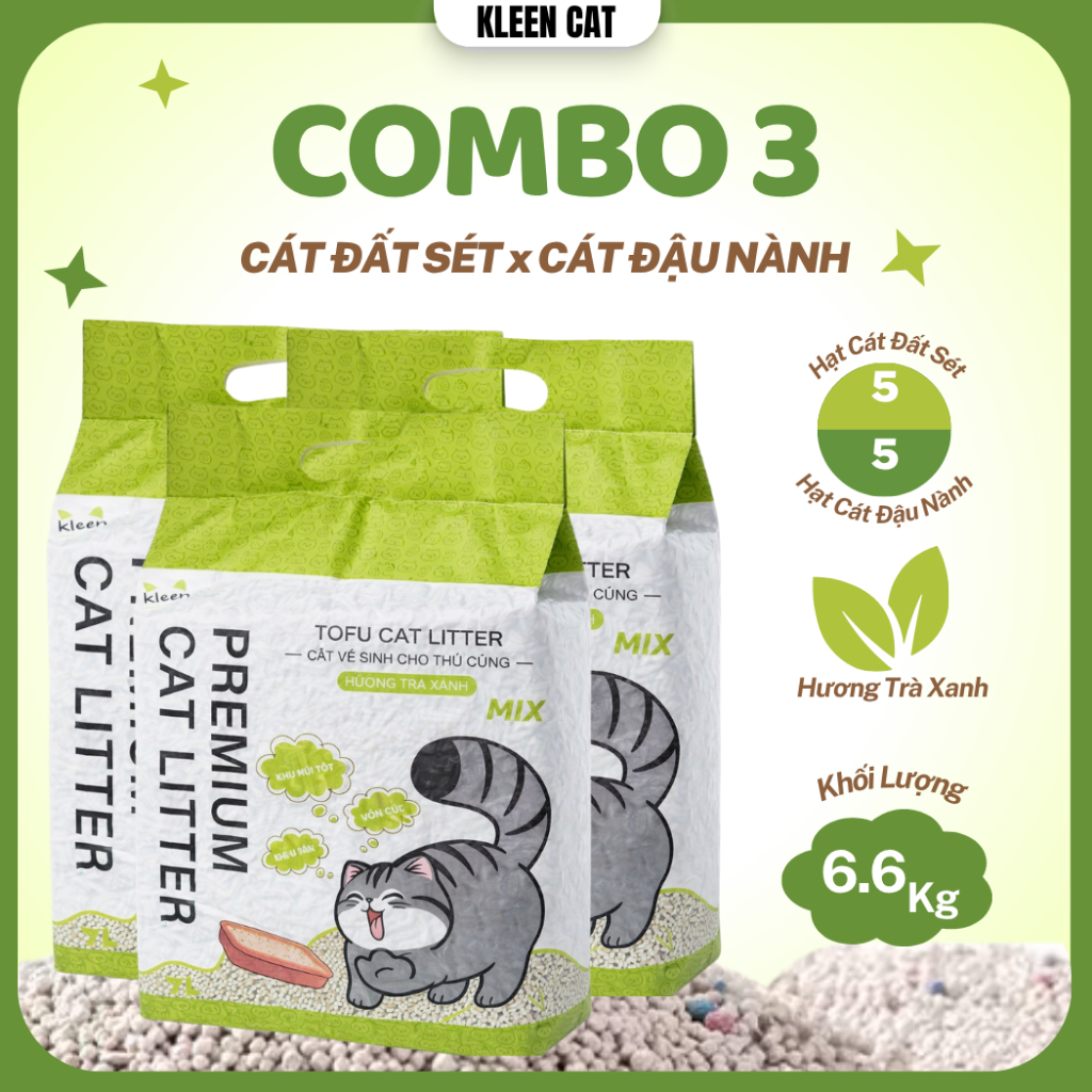 Combo 3 túi Cát Đậu Nành Mix Đất Sét Kleen Cat 6.6KG Khử Mùi Hiệu Quả
