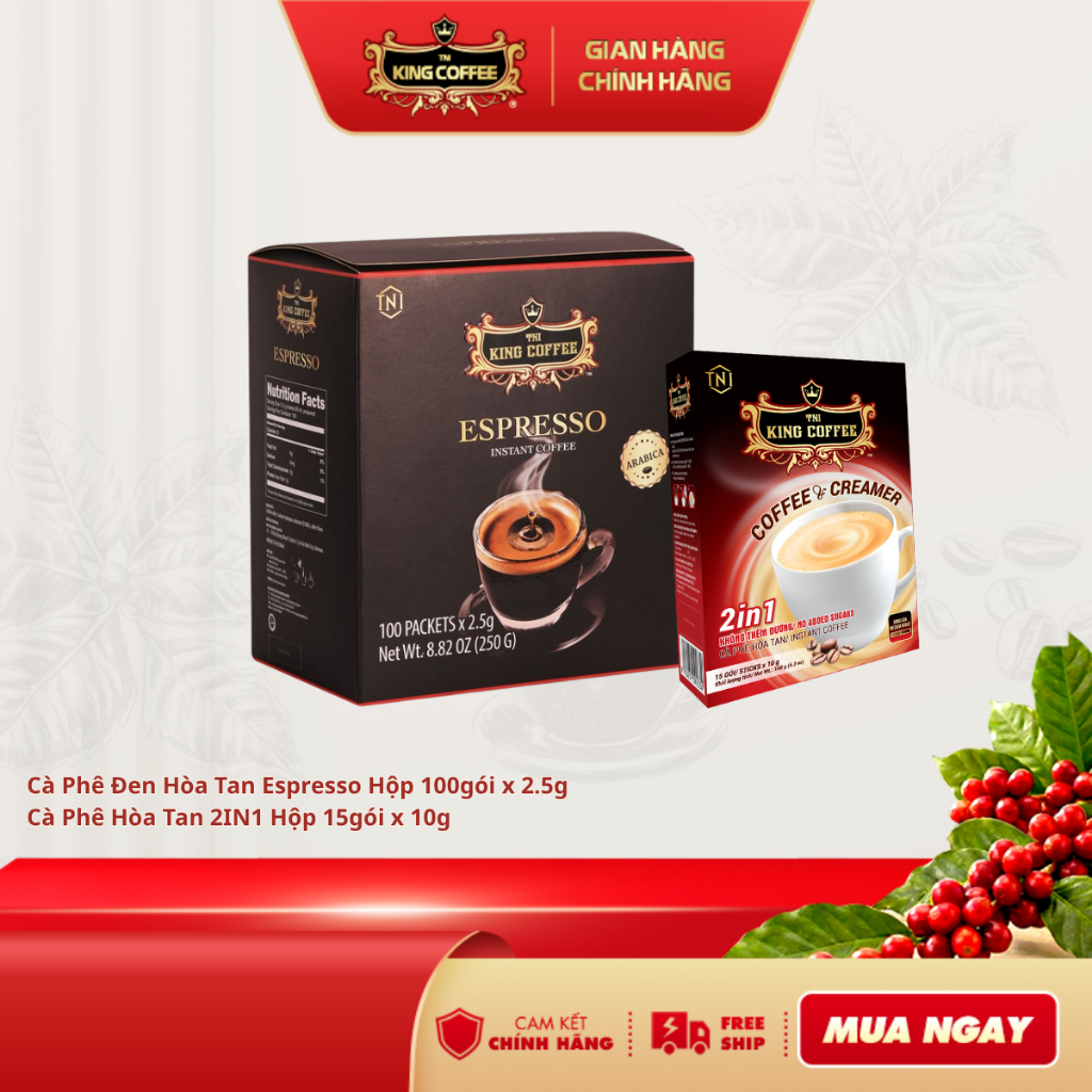 Combo 1 Hộp CF Đen HT Espresso KING COFFEE - Hộp 100 gói x 2.5g + Tặng 1 Hộp CFHT 2IN1 KING COFFEE -