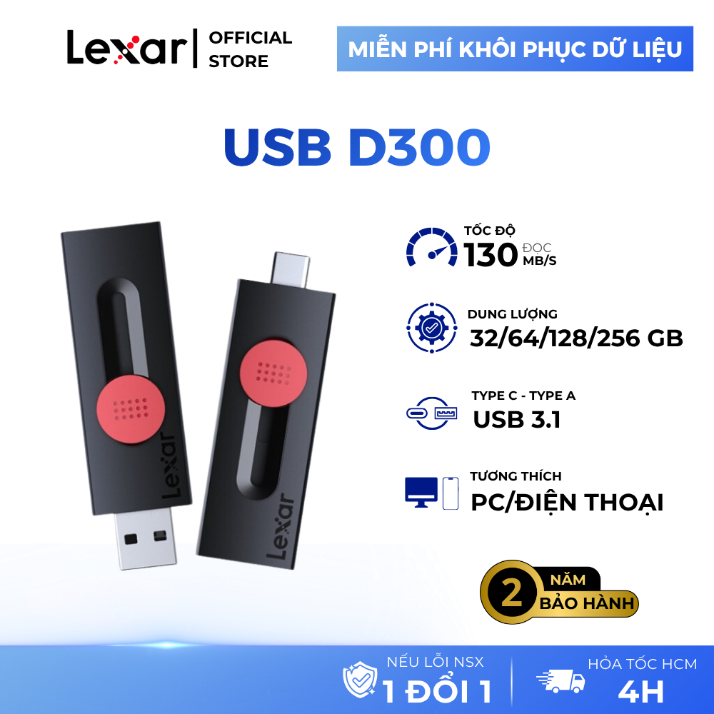 USB Lexar D300 32GB/ 64GB/ 128GB/ 256GB, Chuẩn USB 3.2, Tốc độ đọc 130Mb/s, Chất liệu nhựa giảm nhiệ