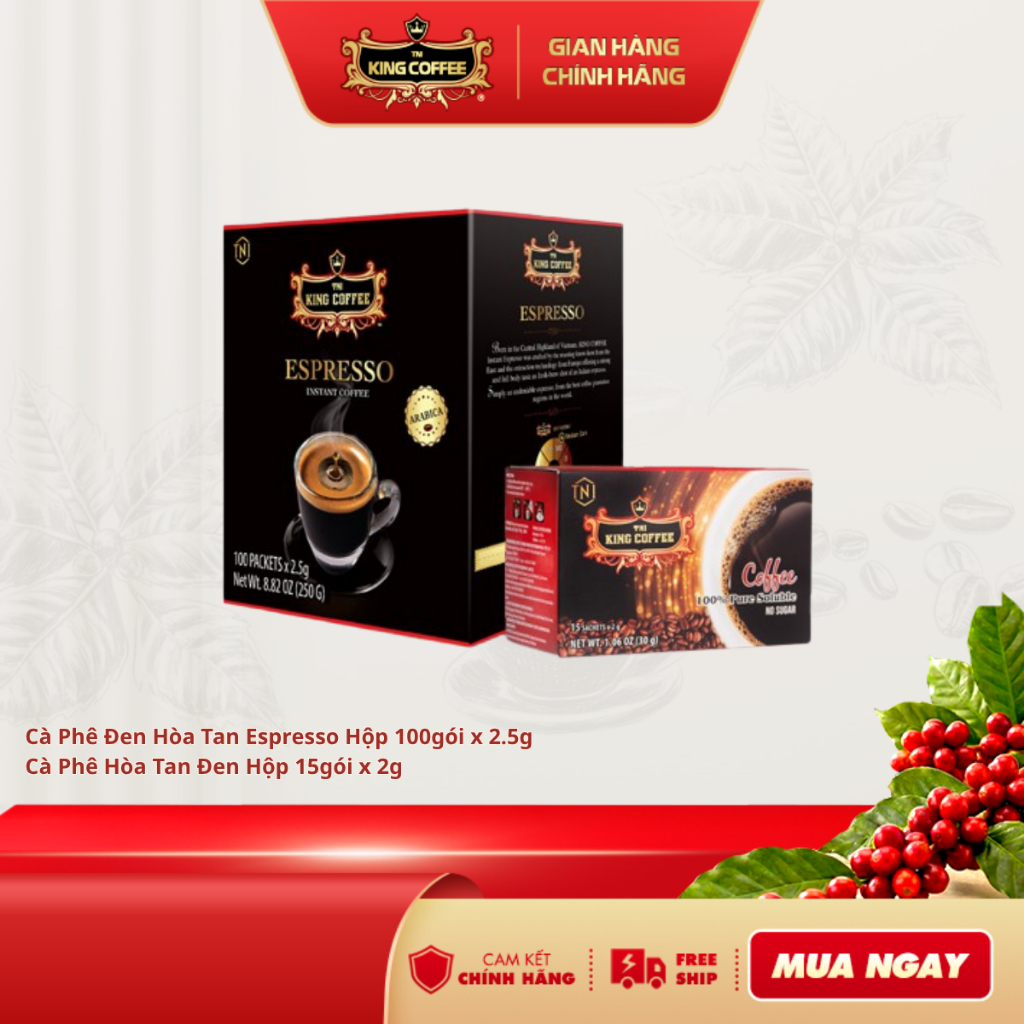 Combo 1 Cf Hòa Tan Espresso KING COFFEE - Hộp 100 gói x2.5g + 1 CFHT Đen Thuần Khiết KING COFFEE - H