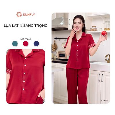 Bộ mặc nhà pijama nữ áo cộc quần dài lụa latin trơn mềm mịn, thoải mái, sang trọng SUNFLY ST9341