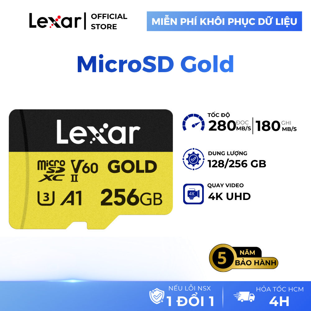 Thẻ nhớ MicroSDXC Lexar Gold Professional UHS-II V60 A1 U3 128GB/ 256GB, Tốc độ 280Mb/s, Bảo hành 5 