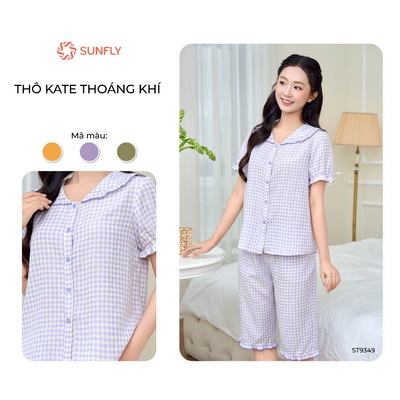 Bộ pijama nữ áo cộc quần ngố họa tiết caro kate mềm mại, mát, thấm hút tốt SUNFLY ST9349