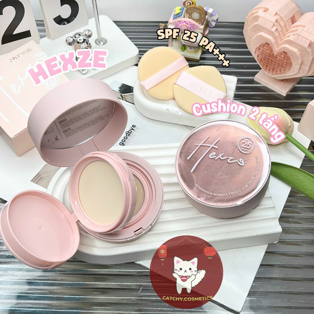 [HEXZE] Cushion/ Phấn Nước Hexze 2 Tầng Kèm Phấn Phủ Vỏ Hồng Chống Nắng SPF 25 PA+++, 19.5g