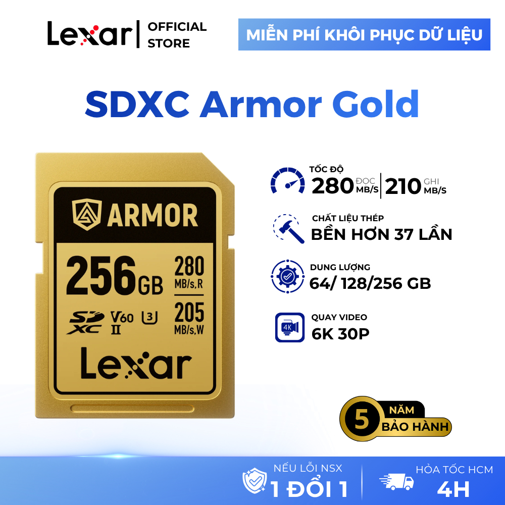 Thẻ nhớ Lexar ARMOR GOLD SDXC UHS-II thép không gỉ, chống nước, chống sốc, siêu bền