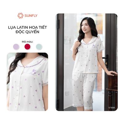 Bộ pijama mặc nhà nữ áo cộc quần ngố lụa latin mềm mướt sang trọng ht độc quyền SUNFLY ST9351