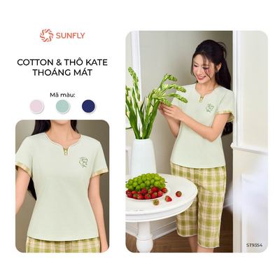 Đồ bộ mặc nhà nữ cộc tay quần ngố kate trẻ trung áo cotton USA  co dãn thoải mái, thấm hút tốt SUNFLY ST9354