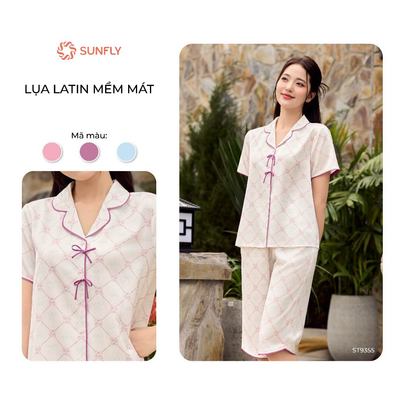 Bộ pijama nữ áo cộc quần ngố họa tiết nơ xinh xắn lụa latin mềm mịn SUNFLY ST9355