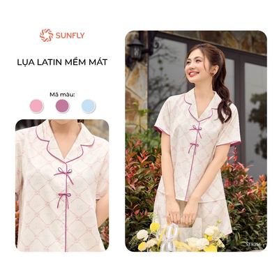 Bộ pijama nữ SUNFLY lụa latin mềm mại áo cộc quần sooc thiết kế nơ độc đáo, xinh xắn ST9356