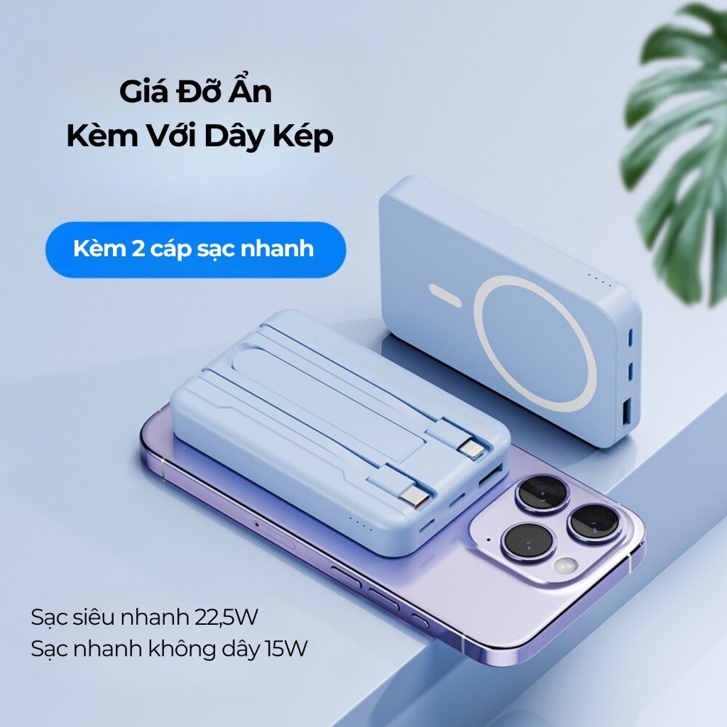 Sạc dự phòng không dây 10.000mAh, sạc nhanh từ tính - Có kèm 2 dây sạc - Hít nam châm mạnh mẽ | BigBuy360 - bigbuy360.vn