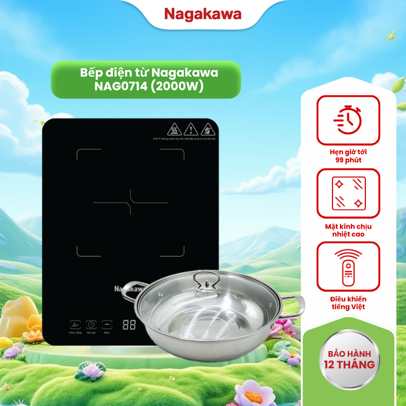 Bếp từ Nagakawa NAG0704 - Bếp điện từ đơn 2000W, Kính chịu nhiệt, Đen