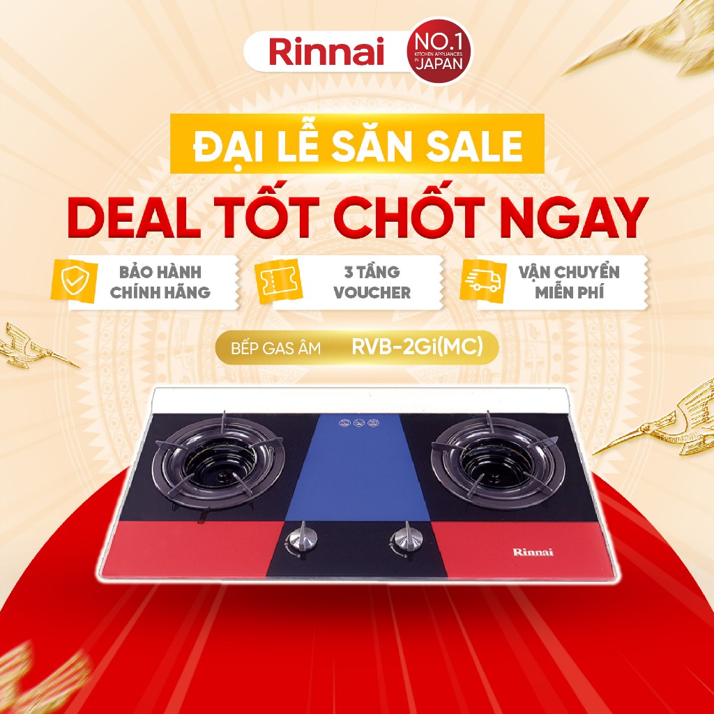 Bếp gas âm đầu đốt trong Rinnai RVB-2Gi(MC) mặt bếp kính và kiềng men