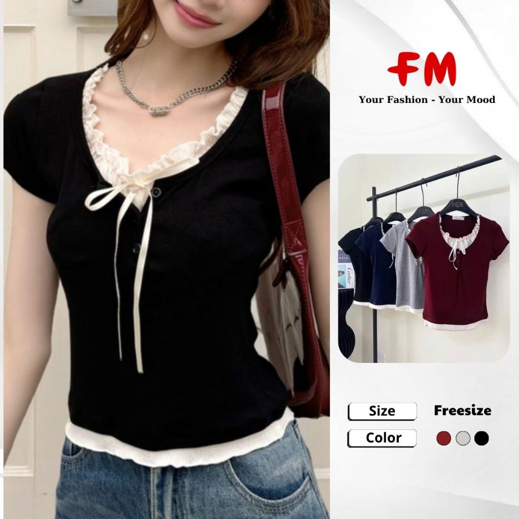 Áo Thun Kiểu Nữ FMSTYLE - Form Slimfit Cổ Tim Kèm Lót Nhún Kiểu Hàn Quốc Dễ Thương 26030263