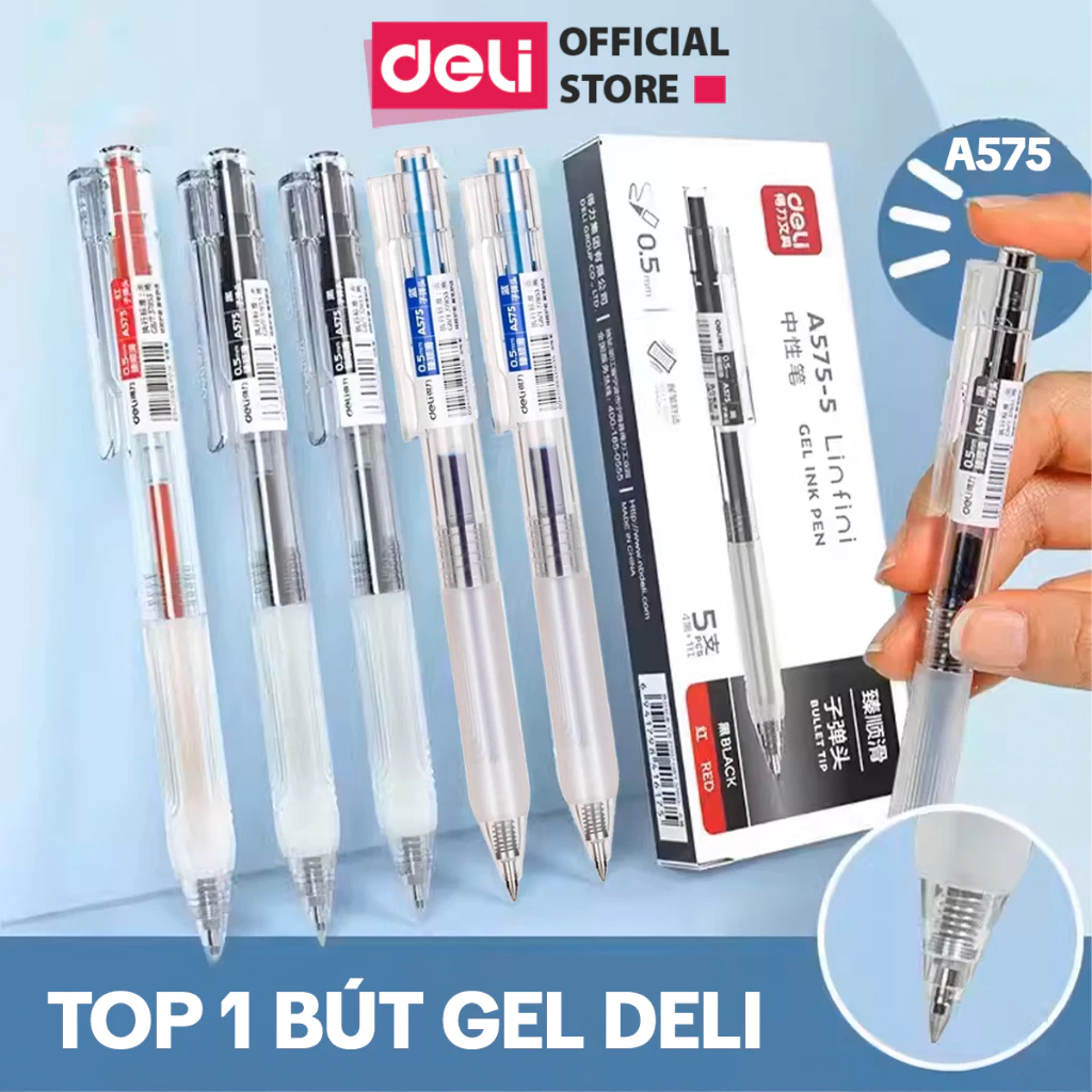 [KOL] Bút Bi Nước Mực Gel Ngòi 0.5mm Màu Đen Xanh Đỏ Deli Vỏ Trong Suốt Có Đệm Tay Cho Văn Phòng Học