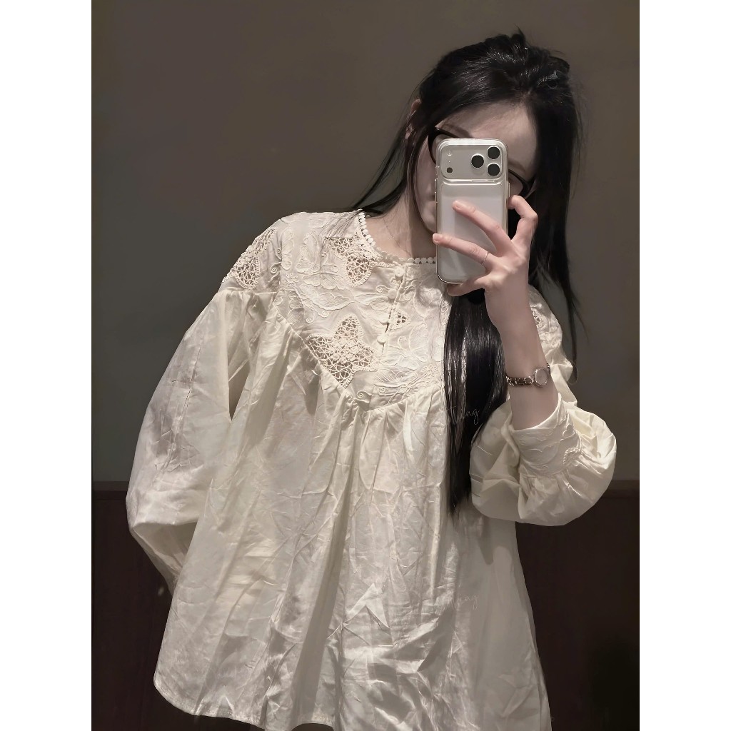 Áo Sơ Mi Phối Ren Thêu Dáng Babydoll Chất Liệu Thô Mịn | BigBuy360 - bigbuy360.vn