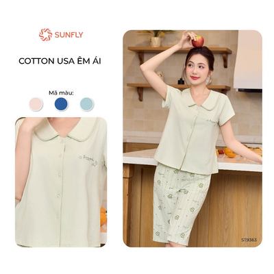 Bộ mặc nhà pijama nữ SUNFLY áo cộc quần ngố cổ sen xinh xắn cotton USA mềm mại, thấm hút tốt ST9363