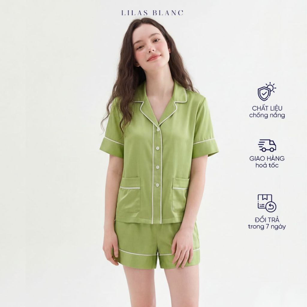 Bộ Pyjamas Nữ Mặc Nhà Áo Cộc Quần Cộc Màu Pyjamas Lilas LILAS BLANC