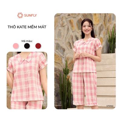 Bộ  mặc nhà pijama nữ SUNFLY áo cộc quần ngố họa tiết kẻ caro kate mềm, thoáng mát  ST9366
