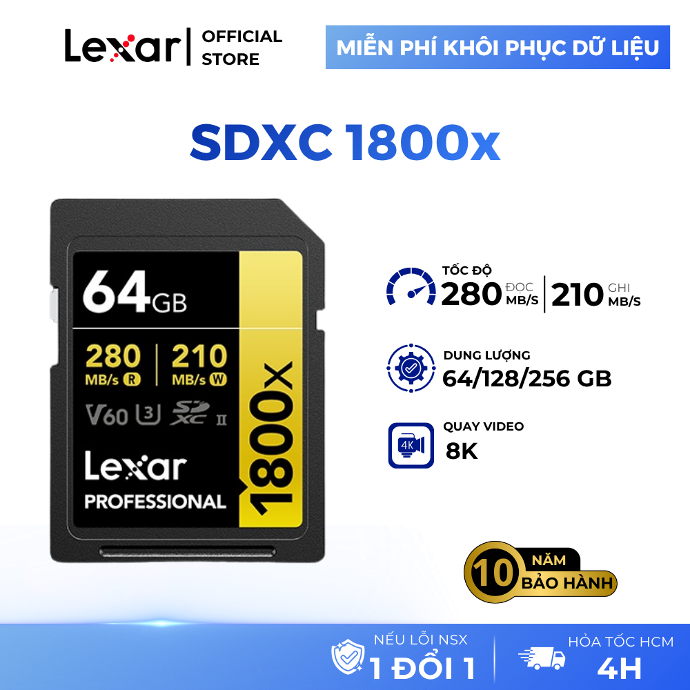 Thẻ nhớ Lexar SDXC Professional UHS-II 1800x 64GB 128GB 256GB, tốc độ 280MB/s cho máy ảnh, máy quay