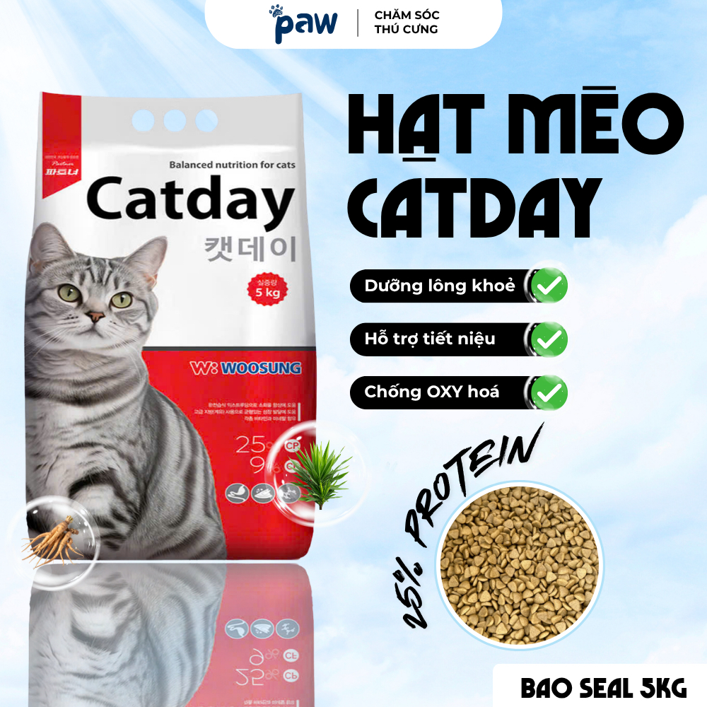 [BAO 5KG] Hạt cho mèo CATDAY - Đạm 25%, Yucca khử mùi phân, hồng sâm tăng đề kháng, hỗ trợ tiêu hoá