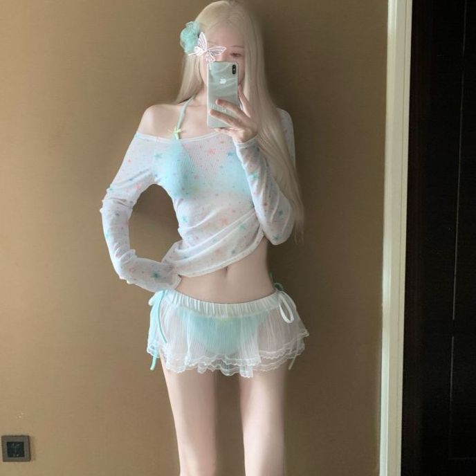 [Video thật] Set Bikini Nữ 4 Món Dễ Thương - Áo Lưới Dài Tay, Bikini Màu Pastel | BigBuy360 - bigbuy360.vn