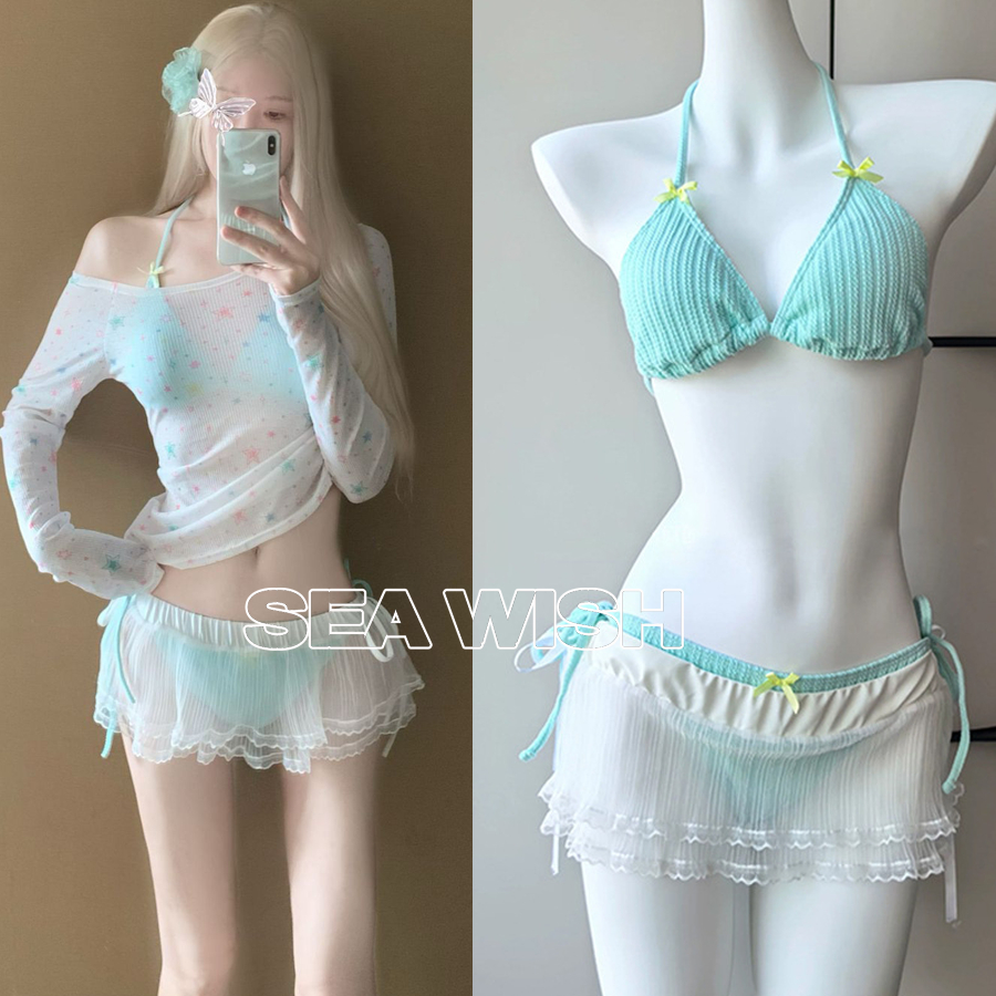 [Video thật] Set Bikini Nữ 4 Món Dễ Thương - Áo Lưới Dài Tay, Bikini Màu Pastel | BigBuy360 - bigbuy360.vn