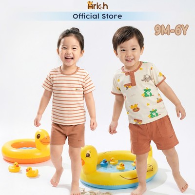 Bộ cộc embe Arich Safari Friends, đồ bộ trẻ em mùa hè ,vải sợi tre petit , mềm, mịn, mát size 9 tháng-6 tuổi