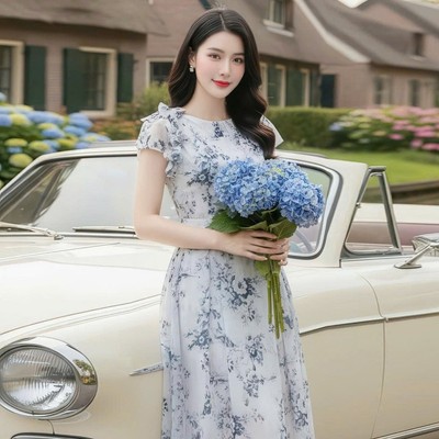 Đầm thiết kế voan hoa xanh dáng dài thời trang đi chơi du lich Callene (CC554)