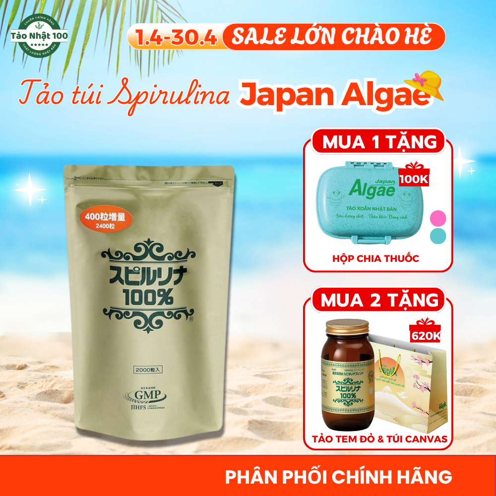 Tảo Xoắn Spirulina 100% 2000 tab.+400 tab Japan Algae dạng túi Nhật Bản