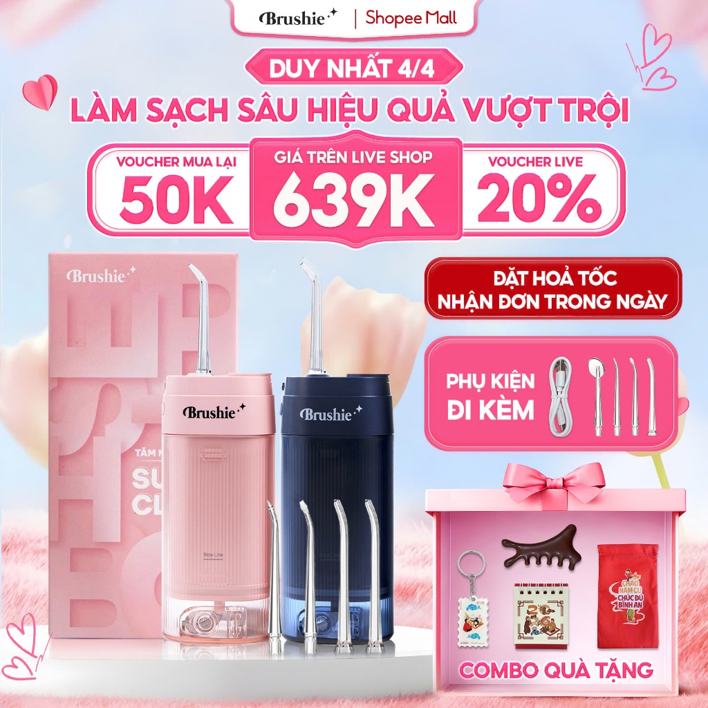 [GIÁ 615K LIVE SHOP] Tăm Nước Brushie Super Clean Bản Cải Tiến Flossie 17 Chế Độ Làm Sạch Sâu Cho Ng