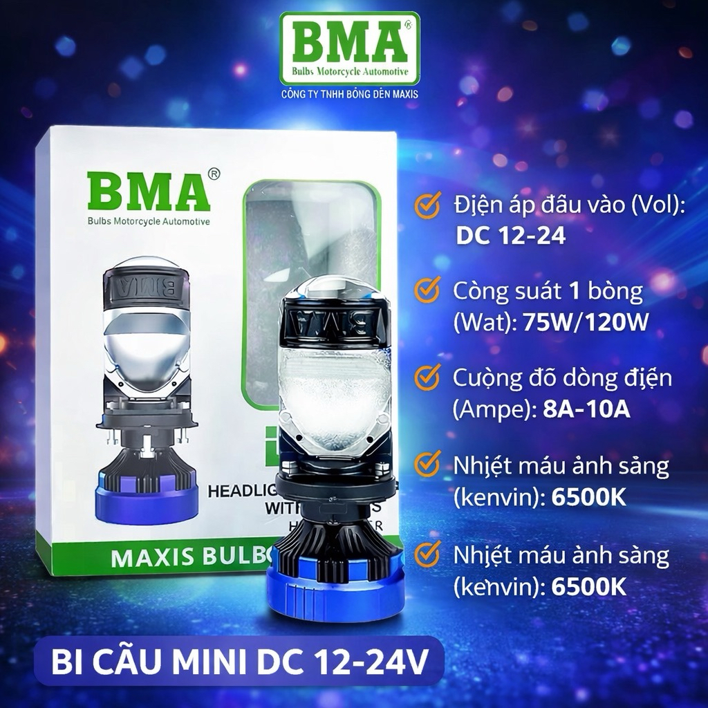 Đèn Bi Cầu LED BMA R05 120W-140W Chính Hãng – 24 Chip LED 6500K, Chân H4/HS1, DC 12-24V Cho Xe Máy, 