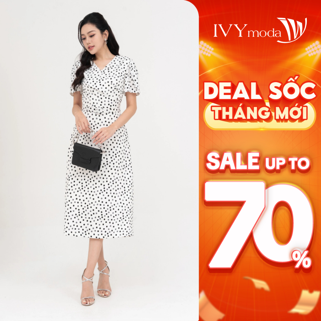 Đầm cổ V chấm bi nữ IVY moda MS 48M8771