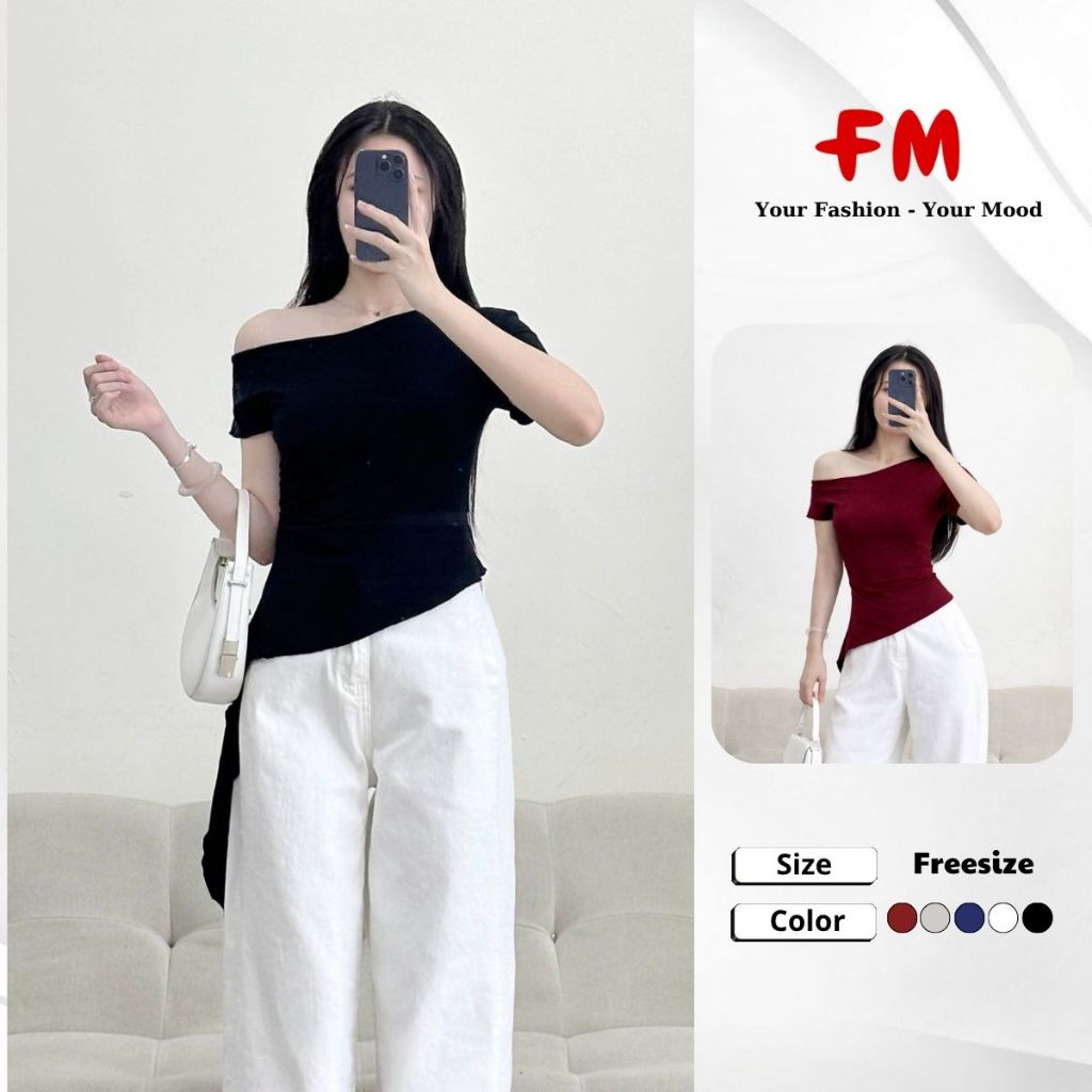 Áo Thun Kiểu Lệch Vai Nữ FMSTYLE - Form Slimfit Tay Ngắn Nhún Eo Tà Dài Tôn Dáng 26030383
