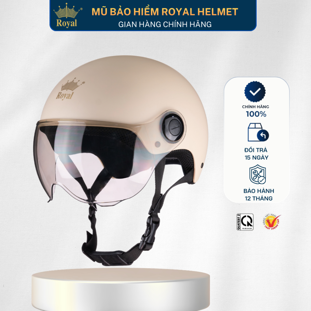 Mũ Bảo Hiểm Royal Nửa Đầu M162K Có Kính Chính Hãng, Nón Bảo Hiểm Nam Nữ L/XL Bảo Hành 12 Tháng