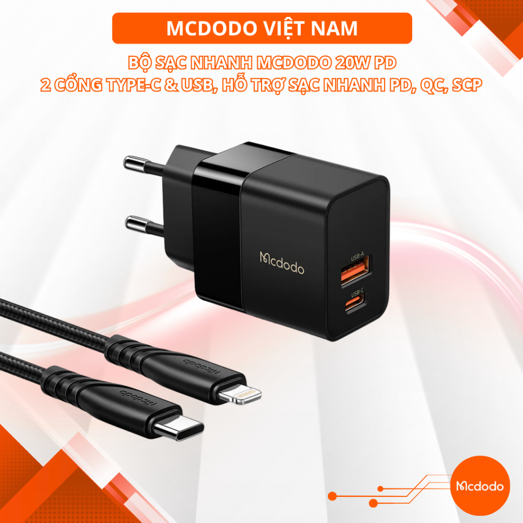 Bộ Sạc Nhanh Mcdodo 20W PD | 2 Cổng Type-C & USB, Hỗ Trợ Sạc Nhanh PD, QC, SCP