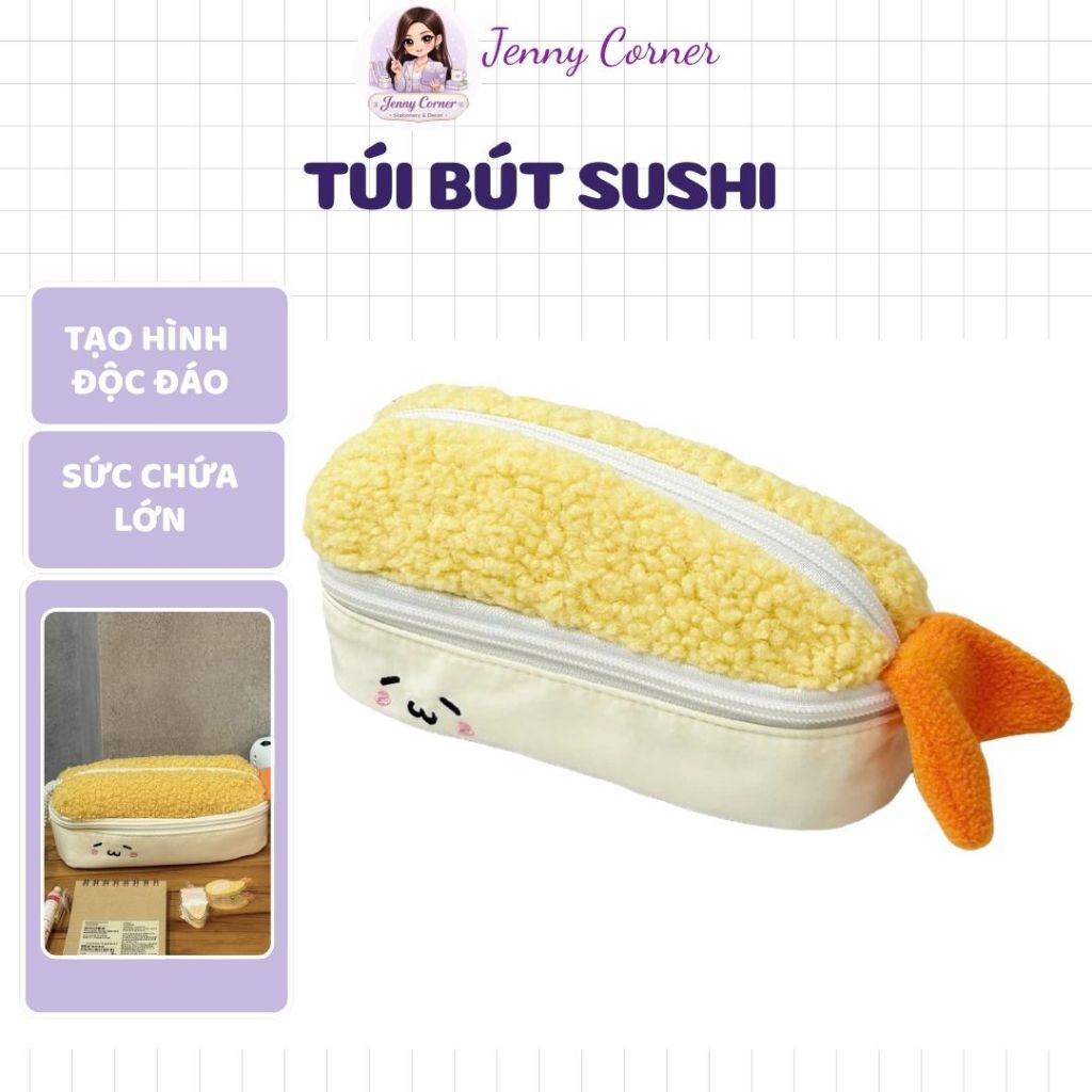 Túi bút Sushi 2 ngăn, dung tích lớn, hình Sushi đáng yêu, hộp bút cá tính cho học sinh, sinh viên-Je