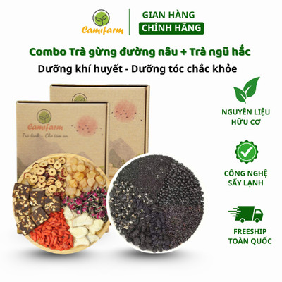Combo Trà gừng đường nâu (Hộp 30 gói) và Trà ngũ hắc (Hộp 30 gói) Camifarm dưỡng khí huyết, dưỡng tóc chắc khỏe
