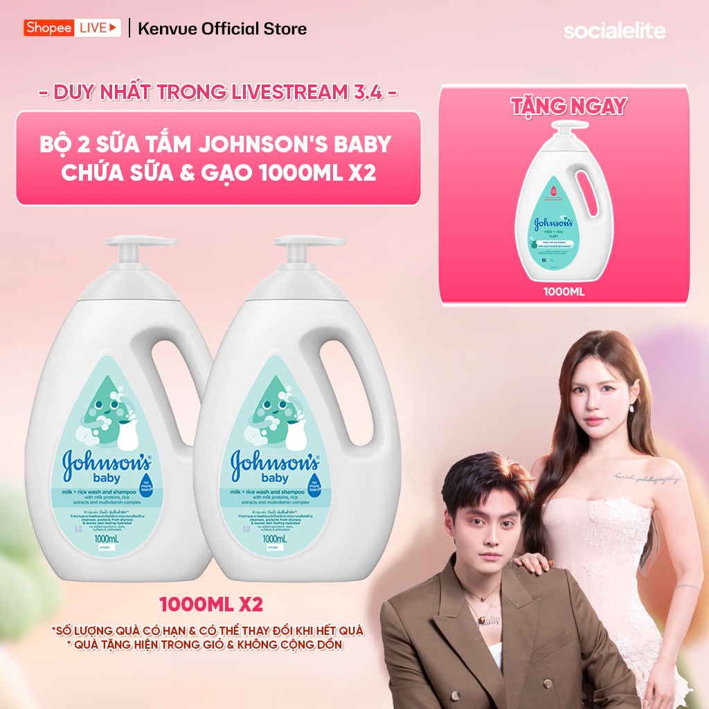[Lucie x TD] B2G1-Combo 2 Sữa tắm Johnson's Baby Chứa Sữa & Gạo 1000ml/chai