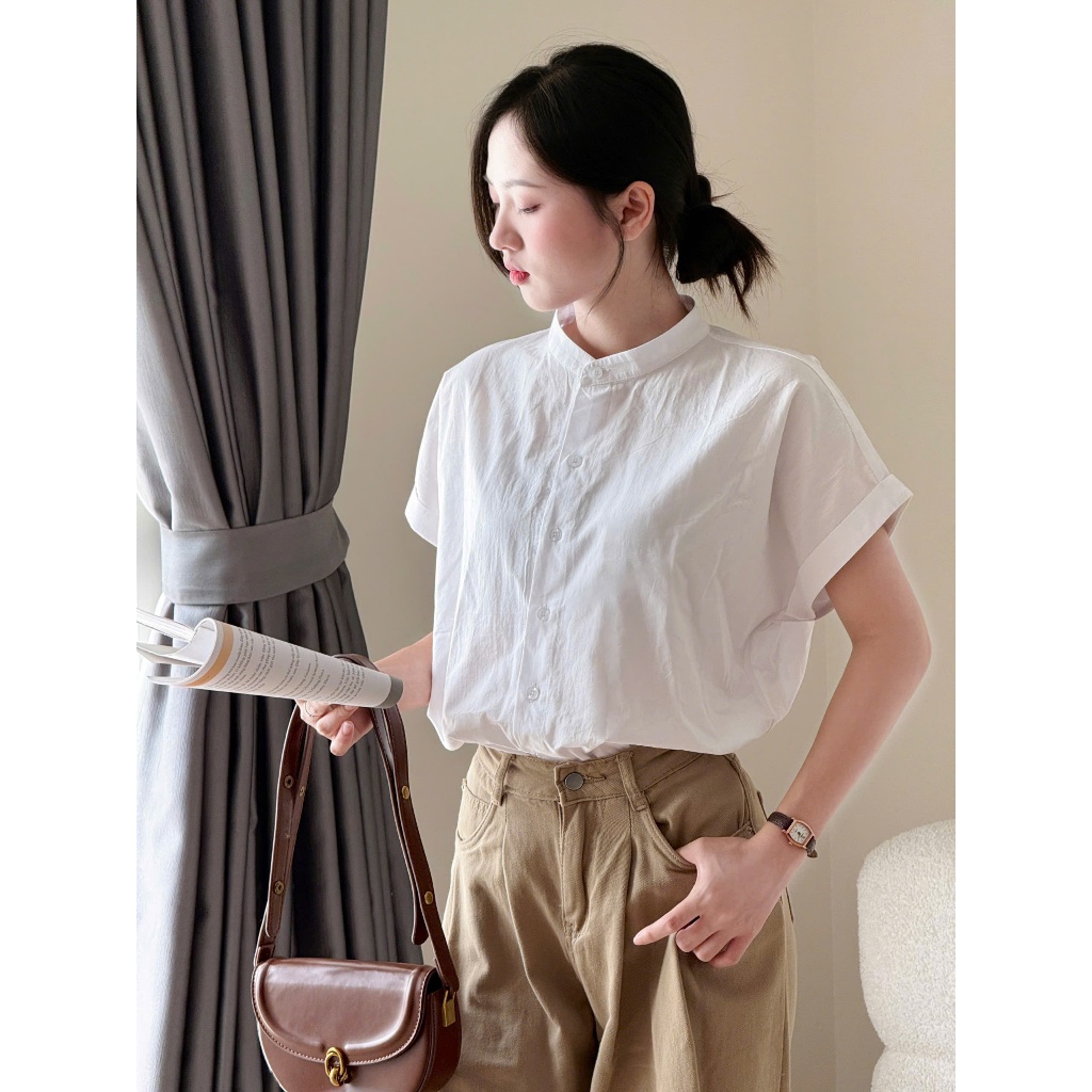 Áo sơ mi cổ tàu ngắn tay dáng rộng chất vải thô Miho House | BigBuy360 - bigbuy360.vn